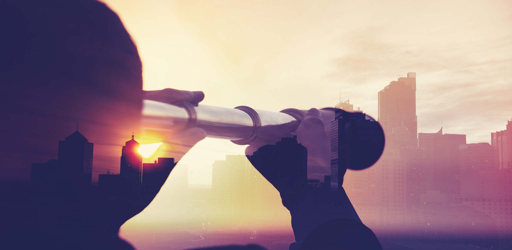 Artistic Image Person Holding And Looking Through Telescope At City Business Buildings During Beautiful Sunset Skyline