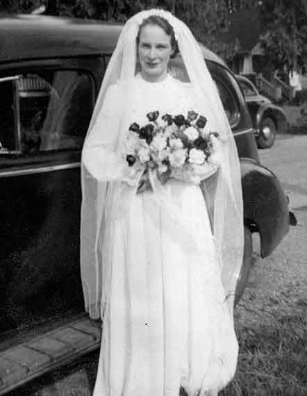 1947 Vancouver Bride Wearing White Dress Wedding Day Standing Beside 1940 Hudson Car Holding Bouquet Flowers
