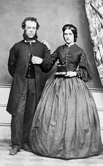 Vintage 1895 Portrait Photograph Man With Chin Strap Beard Woman In Huge Dress Holding Opera Glasses